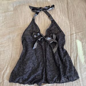 black lace halter top with front tie and ribbon straps
